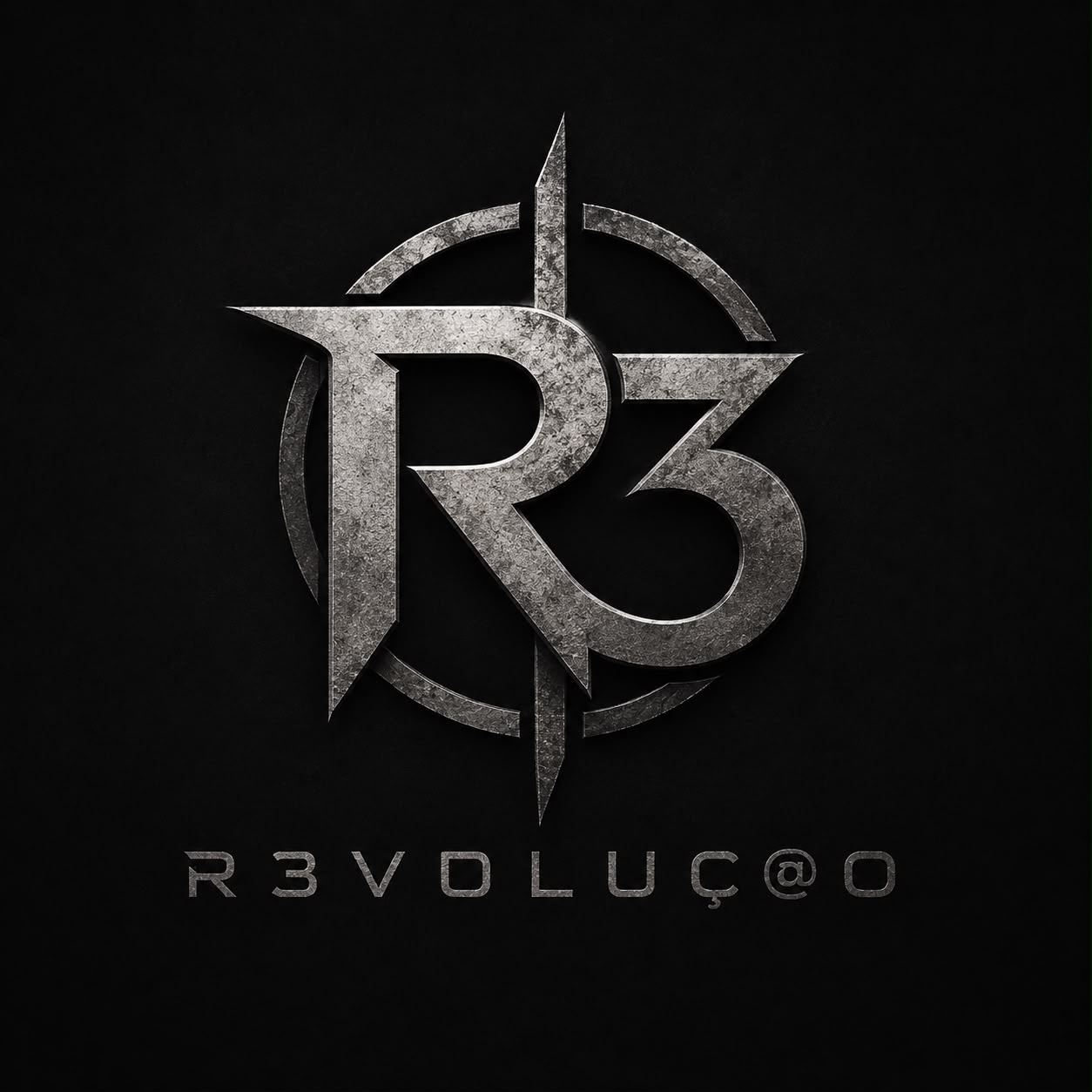 Logo metálico R3 e nome R3VOLUÇ@O sobre fundo preto